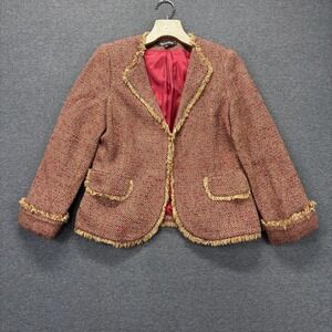 Supply & Demand Blazer Jacket Womens Medium Red Herringbone Tweed Wool Fringe